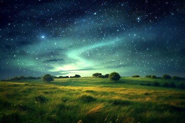 Obraz na płótnie Canvas Green meadow and tree on hills at stars night sky background Created with Generative AI technology.