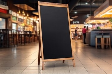 Advertising blank Blackboard, Blank restaurant shop sign or menu boards in shopping mall center, Blackboard sign mockup in front of a restaurant Signboard, Generative AI