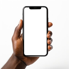 Fototapeta na wymiar close up hand hold phone isolated on white, mock-up smartphone white color blank screen.generative AI