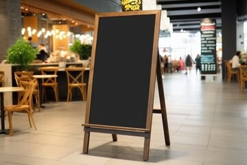Advertising blank Blackboard, Blank restaurant shop sign or menu boards in shopping mall center, Blackboard sign mockup in front of a restaurant Signboard, Generative AI