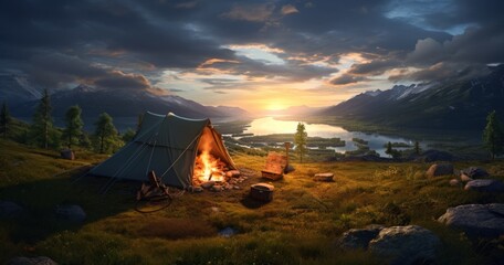 Mountain Sunset Camping Adventure: Tent Set Up in Majestic Scenery, Generative AI