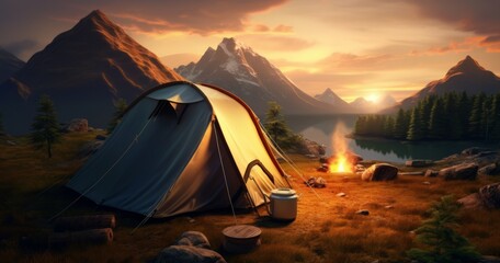 Mountain Sunset Camping Adventure: Tent Set Up in Majestic Scenery, Generative AI