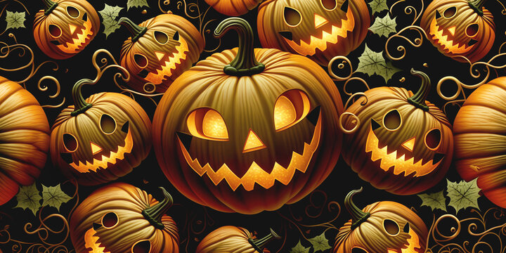 Illustration of a pattern of Halloween pumpkins occupying the entire image in orange, green and black tones with one in the center facing the camera