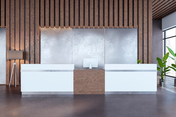 Light wooden and concrete office lobby interior with reception desk, panoramic window with city view and other objects. Waiting area and interior designs concept. 3D Rendering.