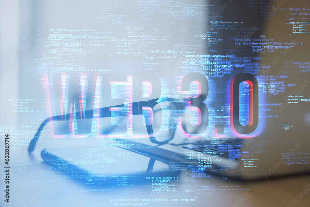 Poster close up of laptop, glasses and cellphone on desktop with creative glowing web 3.0 hologram on blurr