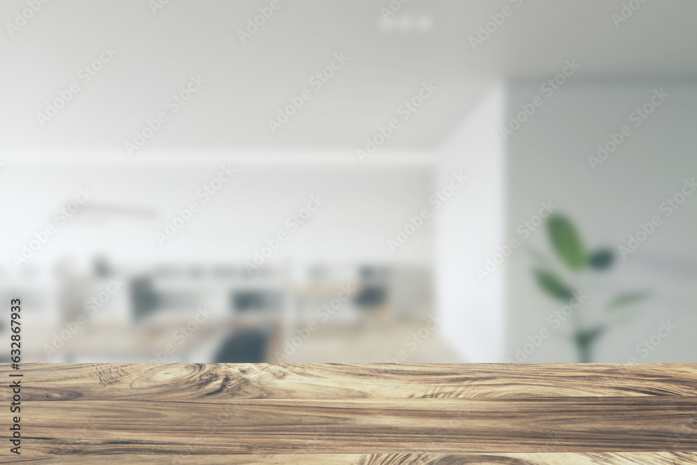Poster Close up of empty wooden counter top with product placement mock up place on blurry interior background. 3D Rendering.