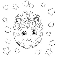 Planet Earth holds a heart in her hands. Doves in love sit on a wreath of flowers. Coloring book page for kids. Cartoon style character. Vector illustration isolated on white background.