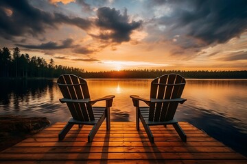 Fototapeta na wymiar Lakeside Serenity Wooden Chairs on a Pier Overlooking a Tranquil Lake, Generative Ai