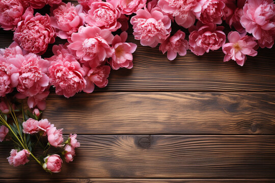 Flatlay Top view of pink Peonies and Babys Breath on rustic wood Generative AI