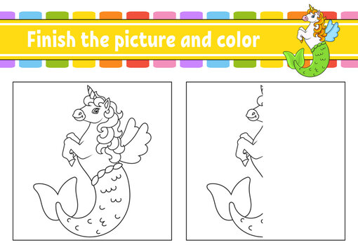 Finish the picture and color. cartoon character isolated on white background. For kids education. Activity worksheet.