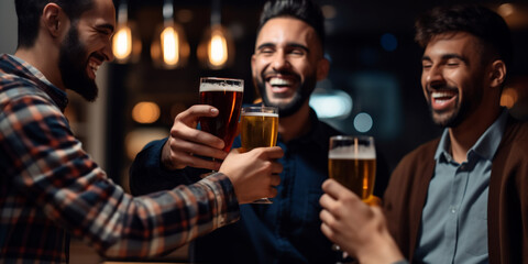 four smiling friends toasting with a few beers in a bar with defocused lights in the background