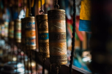 A close-up of a prayer wheel with colorful flags, Religion, bokeh  - obrazy, fototapety, plakaty