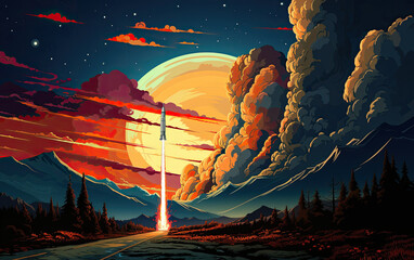 A rocket launched flying to the space at the sunset skyline.