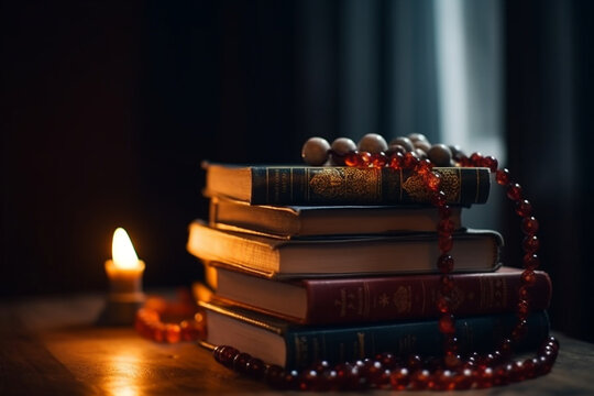 A stack of holy books from different religions, Religion, bokeh 