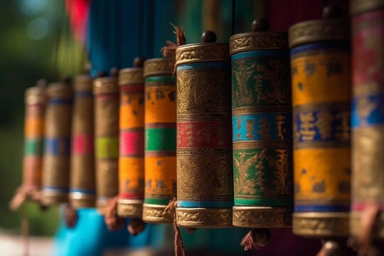 A close-up of a prayer wheel with colorful flags, Religion, bokeh 