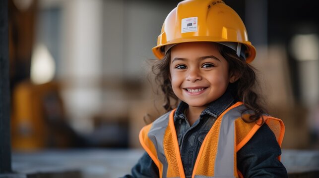 Photography of a pleased, child girl that is building a structure wearing a construction worker's uniform against a construction site background. 