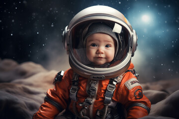 Generative ai collage image of cute baby future astronaut travel outer space in galactic gear