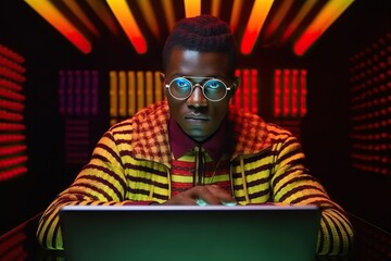 Handsome african american man in the nightclub with a laptop