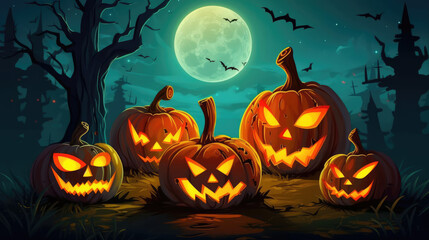 Halloween background with pumpkins, trees and moon. Vector illustration style. created by generative AI technology.