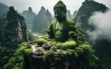 The huge statue of Buddha on the mountain. 