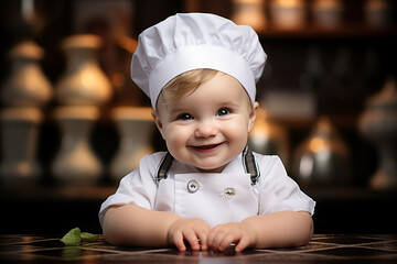 Generative ai collage picture of baby in chef costume cooking concept - Powered by Adobe