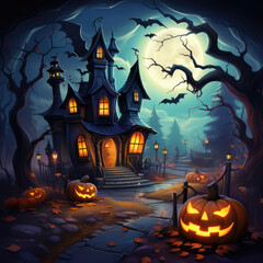 Fototapeta premium Halloween background with haunted house and pumpkins and moon. Vector illustration style. created by generative AI technology.