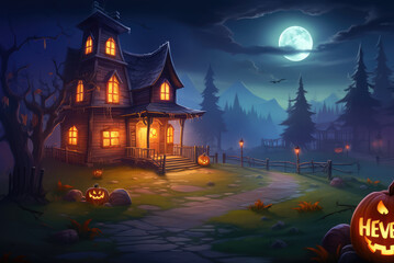 Fototapeta na wymiar Halloween background with haunted house and pumpkins and moon. Vector illustration style. created by generative AI technology.