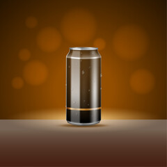 Realistic Aluminum Can With Water Drops, Brown Energy Drink Beer, Soda, Lemonade, Coffee Can Mockup. Isolated Vector Blank 3d Tin Jars Front View, Cylinder Metal Beverage Canisters With Drops