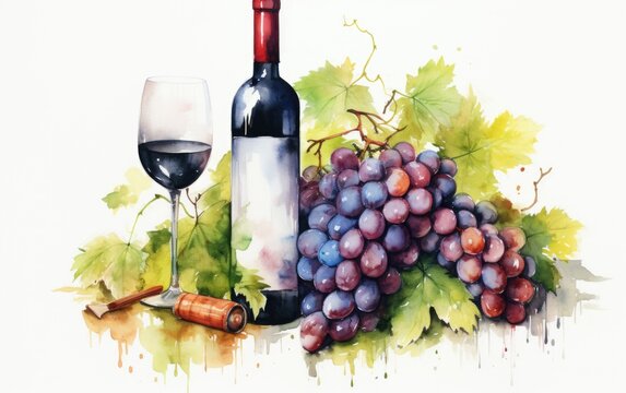 Watercolor of the bottle of wine and grapes.