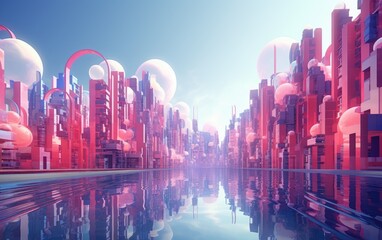 Obraz premium A pink and blue futuristic modern technology city skyline with buildings.