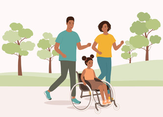 Happy Black Daughter With Disability Sitting On A Wheelchair Doing Exercise With Her Father And Mother In The Park. Full Length.