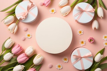 Fototapeta na wymiar Women's Day concept. Top view photo of white circle bouquets of colorful tulips with silk ribbon present boxes and sprinkles on isolated pastel pink background with, Generative AI