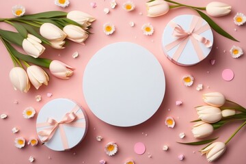 Naklejka na ściany i meble Women's Day concept. Top view photo of white circle bouquets of colorful tulips with silk ribbon present boxes and sprinkles on isolated pastel pink background with, Generative AI