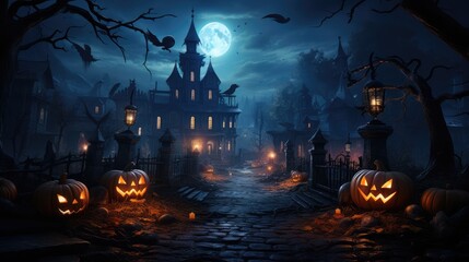 Halloween background with haunted house and pumpkins and moon. Vector illustration style. created by generative AI technology.