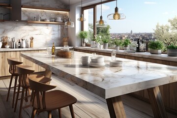 Interior of modern kitchen with gray walls, concrete floor, white marble countertops and bar with stools