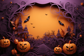 Halloween background with pumpkins and bats. paper art. created by generative AI technology.