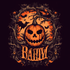 Halloween background with pumpkin, bats and tree. created by generative AI technology.