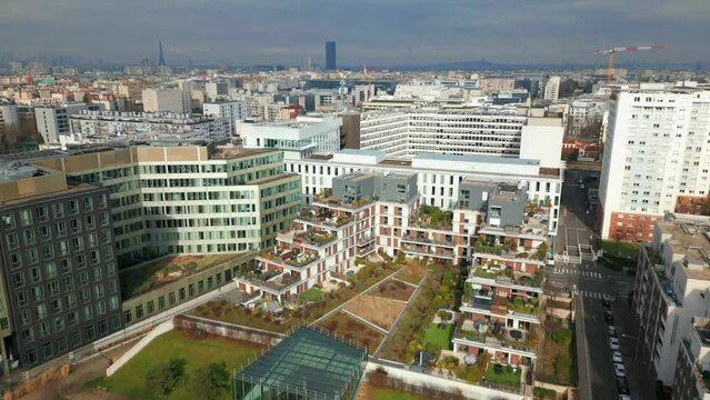 La Vache Noire famous eclectic shopping center of Arcueil in France with roof gardens. Aerial drone view