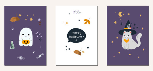 Set of cute ghosts and cats with pumpkins. Happy Halloween. Childish scary and smiling creepy characters.