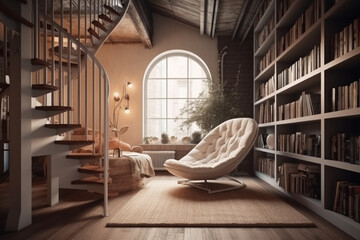 A cozy reading nook with a large bookshelf and comfortable armchair, Interior Design in a Loft,  - obrazy, fototapety, plakaty