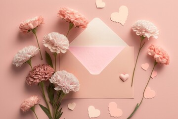  Show your appreciation this Mother's Day with a stunning postcard arrangement featuring pink carnations, and heart-shaped papers on a pastel pink, Generative AI