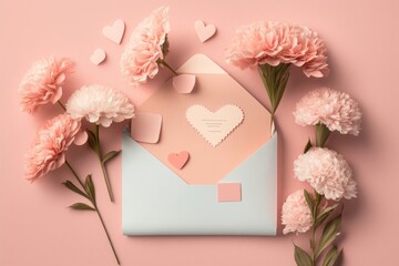  Show your appreciation this Mother's Day with a stunning postcard arrangement featuring pink carnations, and heart-shaped papers on a pastel pink, Generative AI