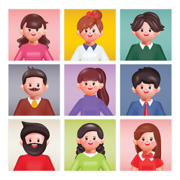 3d Render, People Avatar Collection. Set Of Stickers With Cartoon Character Faces, User Id Thumbnail, Modern Icons For Social Account Design. Portrait Rectangle Isolated On White Background