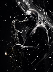 Young african american jazz musician playing the saxophone on black background - obrazy, fototapety, plakaty