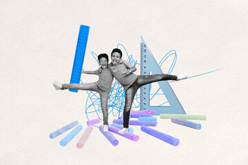 Naklejka premium Collage picture of two black white colors mini funky kids embrace stand big chalk centimeter ruler triangular isolated on creative background