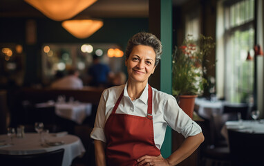 A successful small business owner in a casual apron. Portrait of a happy woman standing in her small business. Cheerful mature waitress waiting for customers in a cafe.  - obrazy, fototapety, plakaty