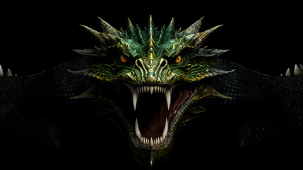 portrait d'un dragon vert la gueule ouverte sur fond noir - gros plan © Fox_Dsign