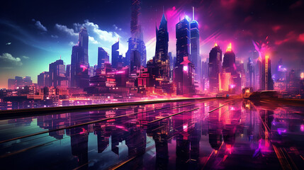 Fototapeta na wymiar Cyberpunk Skylines: Futuristic Cityscape with Neon Towers