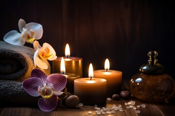Obraz na płótnie Canvas Spa Oasis Background with Candles for Beauty Spa Treatment. Generative Ai