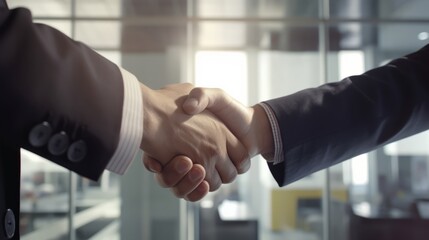 Handshake of men in business suits, close, against the background of a glass office
